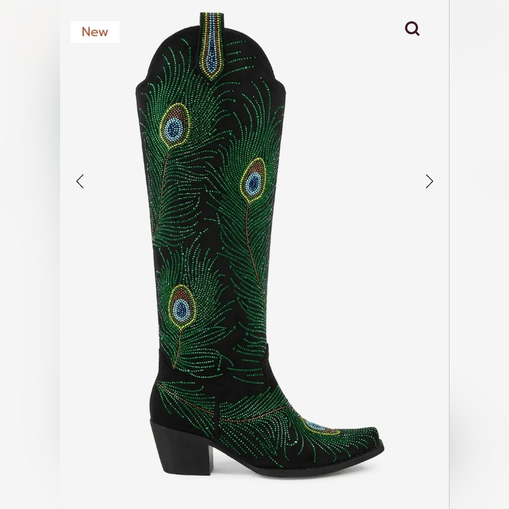 Wetkiss Rhinestone Peacock Feather Knee High Cowboy Boots